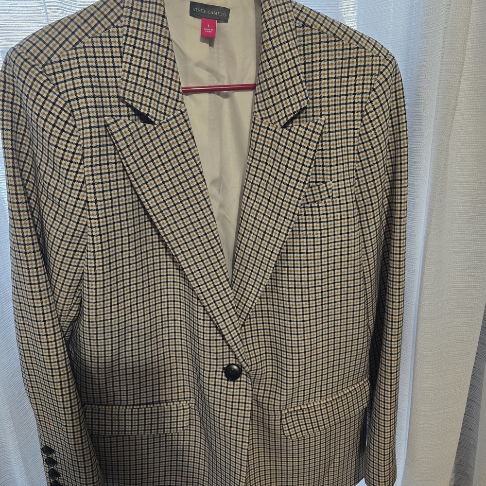 Vince Camuto Women's Plaid Blazer - Black and Cream Size L